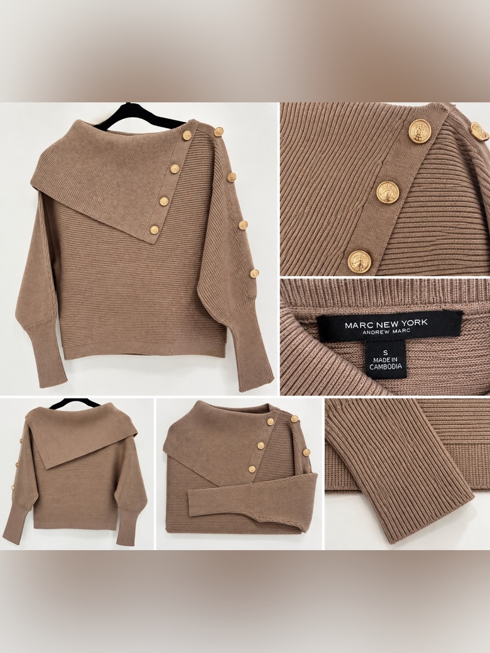 Marc New York Taupe Off-the-Shoulder Button-Accent Sweater